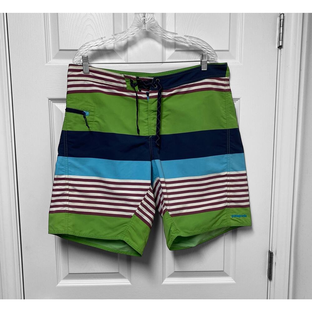Patagonia Boardshorts Mens 36 Green Blue Red Stripe Swim Trunks Zipper Pocket